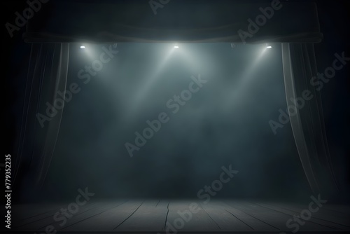 Dramatic Theatrical Stage Beam Spotlights in Dark Studio with Smoke and Lighting Effects for Sci-Fi or Futuristic Performance