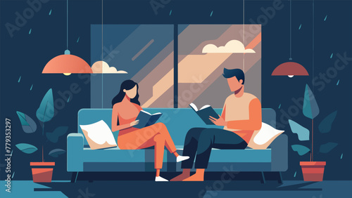 On a rainy Sunday afternoon a couple snuggled up on a plush couch reading different books but occasionally pausing to share thoughtprovoking