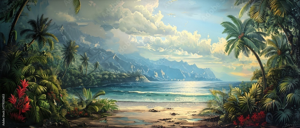 Tropical fantasy, lush mural, serene whispers