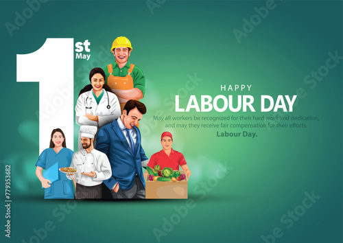 happy Labour day or international workers day vector illustration with workers. labor day and may day celebration. photo