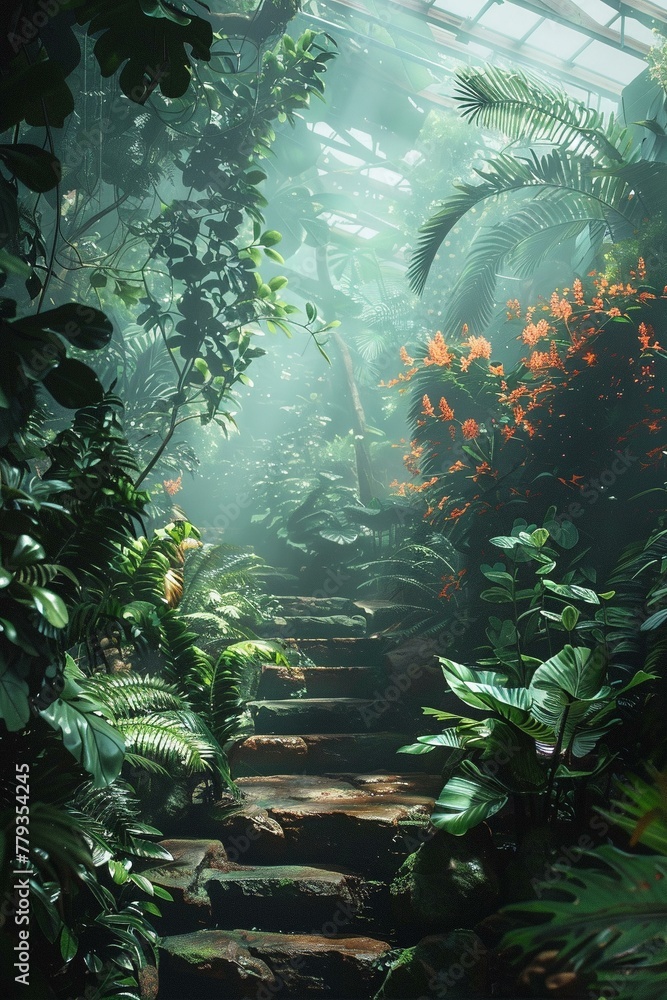 Mysterious jungle haven, fantasy flora, peaceful aura