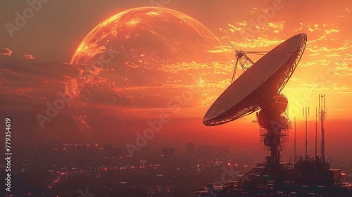 Futuristic satellite dish, dawn of digital age, skyline