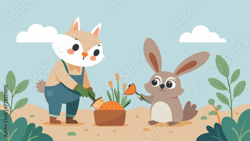 Whimsical illustrations in a childrens book style featuring a curious bunny learning how to start an indoor vegetable garden with the help of a