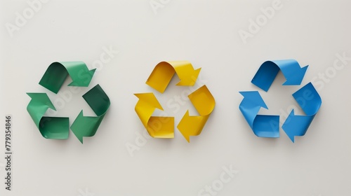 Set of three depiction of the recycling symbol on a clean background, recycle icons