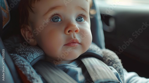Close-up of a baby's face in a car seat, innocent eyes wide open, capturing the essence of childhood