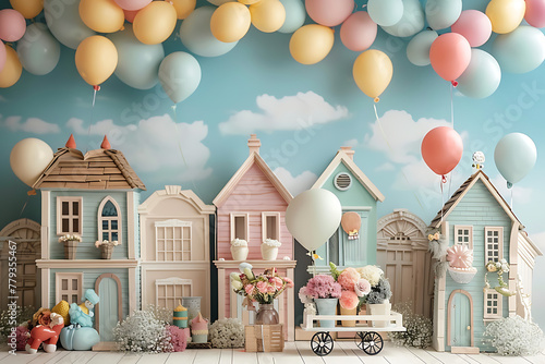 Fototapeta Naklejka Na Ścianę i Meble -  Pastel House and Balloons Backdrops: Vintage Backdrop with Peonies and Wooden Crates - Fine Art Photography Composition