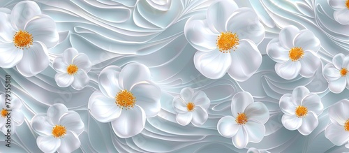 A pattern of white flowers with yellow centers on a blue background, resembling a flowering plant. The petals are delicate and the pollen adds a touch of beauty to the scene