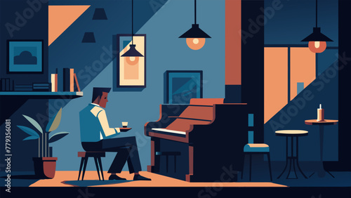 A small intimate jazz lounge decorated with vintage posters and dim candlelight where a solo pianist captivates the audience with his smooth