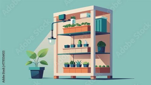 A digital rendering depicting a bookshelf transformed into a living wall with the addition of small planter boxes and a drip irrigation system.
