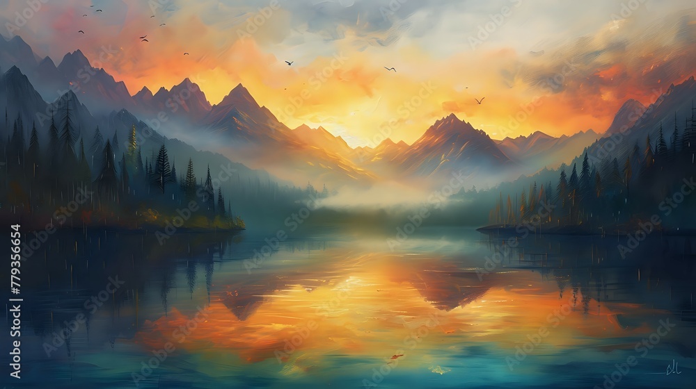 Misty Morning Magic: Peaceful Mountain Lake./n