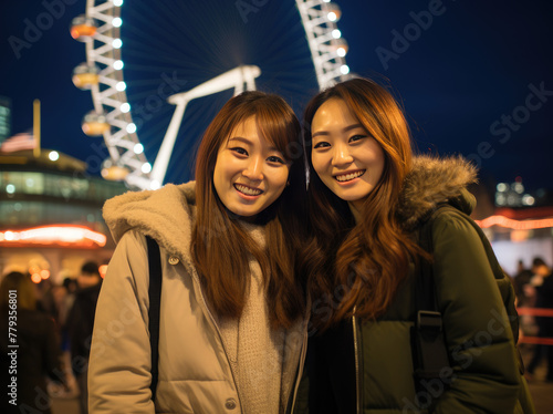 Two korean or asian or chinese women smiling with beer in front of a lake, in front of the london eye. Happy holiday 