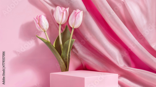 Wallpaper Mural White tulips with pink hues on a cube pink podium against a curtain pink silk background. Floral photography for greeting card, invitation design, product display. High quality photo Torontodigital.ca