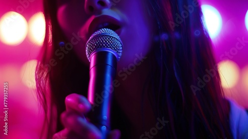 A woman standing and holding a microphone in front of her face while preparing to sing at a karaoke bar, with a blurred neon pink background