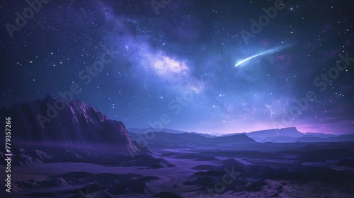 A view of the night sky showing a breathtaking comet with a glowing tail photo