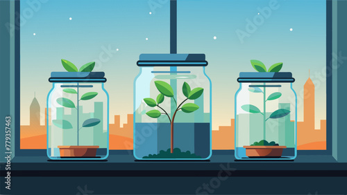 A hydroponic dreamland adorns the windowsill with sleek glass jars housing delicate herbs and microgreens. Their roots dangle freely in the photo