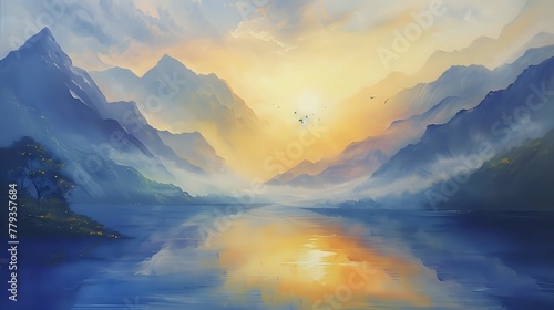 Golden Serenity: Mountain Sunrise Dream./n