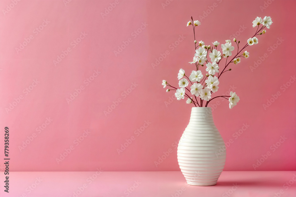 White flowers in a textured vase against a pink background. Minimalist floral design concept with space for text. Design for invitation, greeting card, or poster. High quality photo