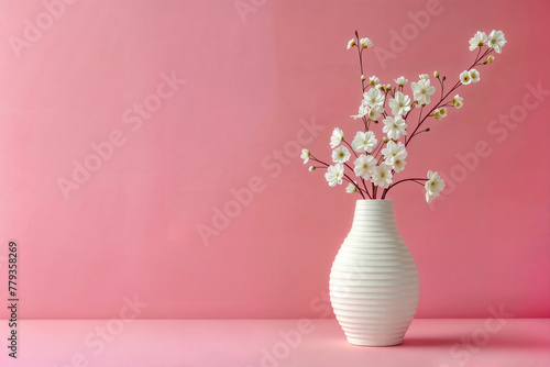 White flowers in a textured vase against a pink background. Minimalist floral design concept with space for text. Design for invitation  greeting card  or poster. High quality photo