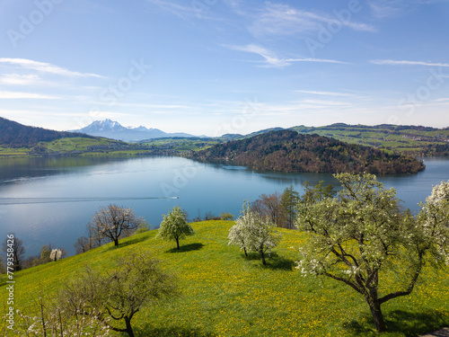 Aerial view of the Lake of Zug in central Switzerland with the famous Alpen peaks Rigi and Pilatus at the background in spring time