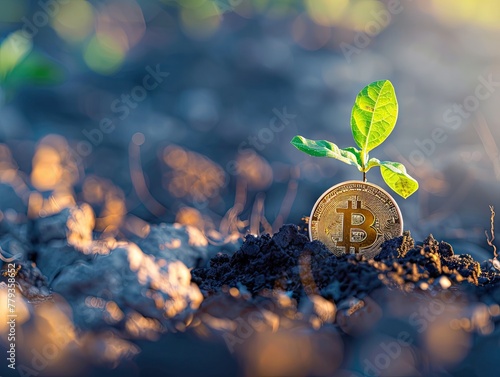 A symbolic image of a Bitcoin being planted in soil with a young sapling sprouting from it