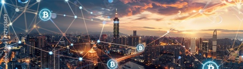 A symbolic image showing the global reach of Bitcoin with digital connections linking landmarks from different continents