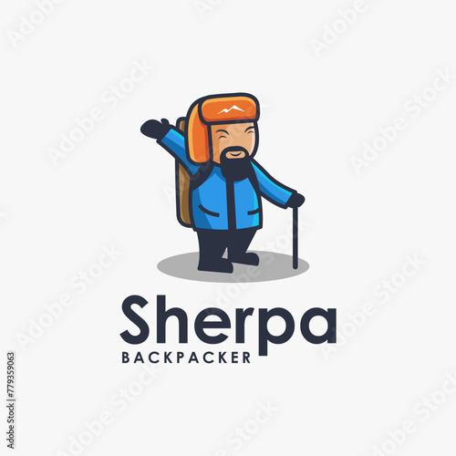 Cheerful Sherpa backpacker logo icon cartoon mascot vector illustration on white background