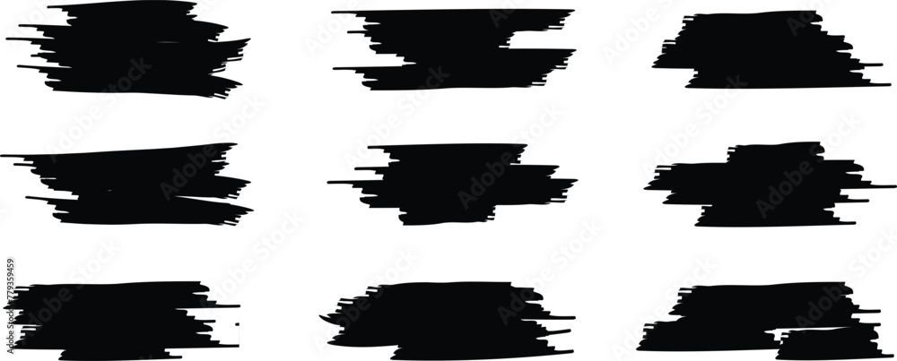  Set of vector grunge black paint brush strokes. Brush collection isolated on white background. Trendy grunge backdrop, dirt banner, watercolor