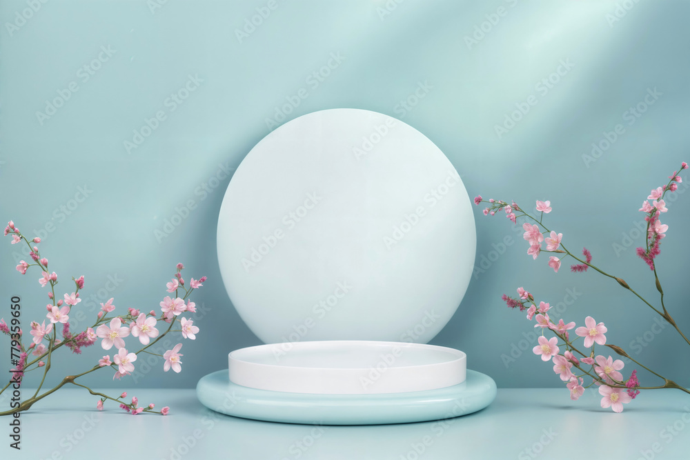 White round podium and pink cherry blossoms on a blue background. Minimal product display concept with natural elements and space for text. High quality photo White round podium and pink cherry blossoms on a blue background. Minimal product display concept with natural elements and space for text. High quality photo