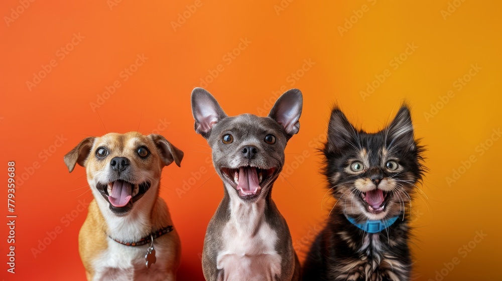 Casual-clad dogs and cats laugh and enjoy themselves against vibrant studio backgrounds