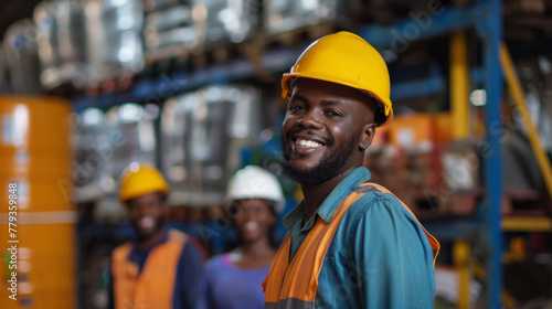 a smiling group of workers wearing a hard hat and standing in a warehouse