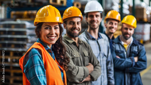 a smiling group of workers wearing a hard hat and standing in a warehouse