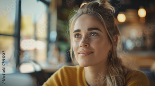 Happy beautiful blonde businesswoman sitting at computer and listening to her leader