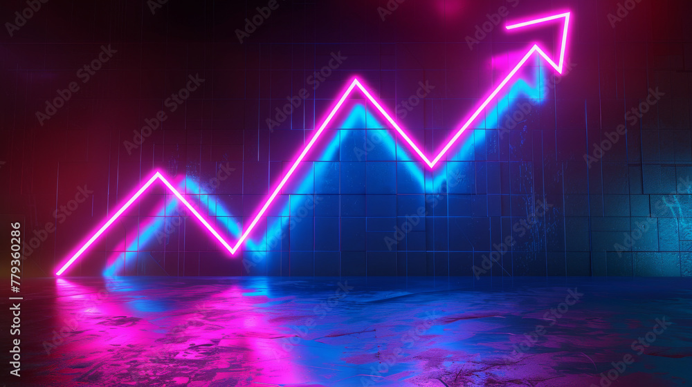 draw a business growth chart with an arrow moving upward with neon background draw a business growth chart with an arrow moving upward with neon background