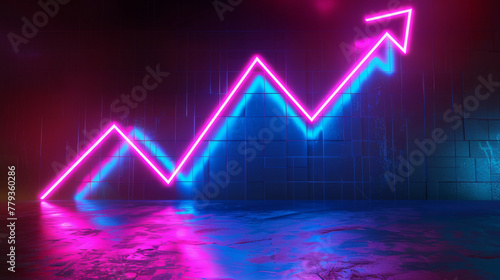 draw a business growth chart with an arrow moving upward with neon background