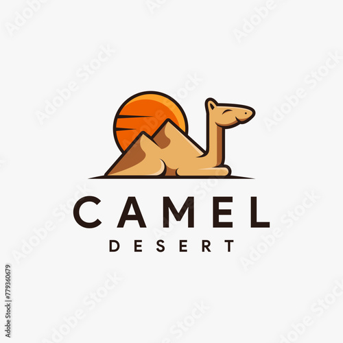 Fun playful Camel and desert logo icon vector illustration on white background