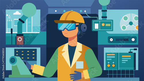 A detailed image of a technician in a lab using a Genabled virtual reality headset to remotely troubleshoot and visualize potential issues in