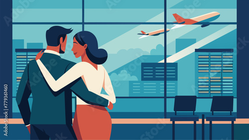 In a warm embrace a couple stands in front of an airport departure board surrounded by planes heading to various destinations symbolizing the