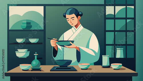 In a cozy tea room a connoisseur demonstrates the traditional Chinese od of preparing tea using a gaiwan. The small lidded bowl is used to