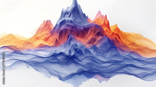 a wire drawing of a mountain, a river lay at the bottom, landscape, white background, purple or yellow accent color © Jirut