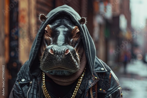 A hippo wearing a hoodie and gold chain is standing in the city.