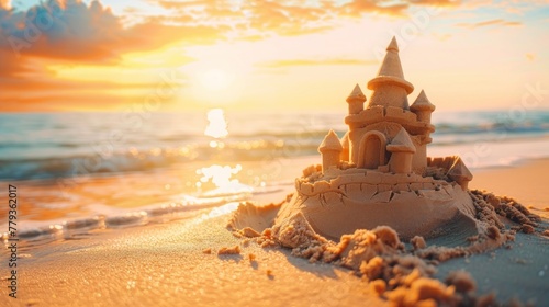 A sand castle is built on the beach with the sun shining on it. © Dusit