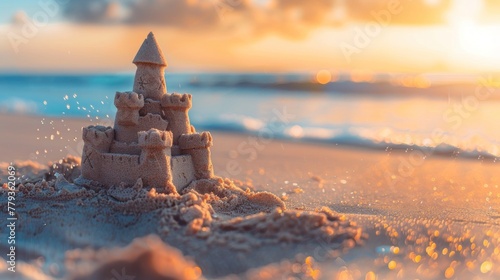 A sand castle is built on the beach with the sun shining on it. © Dusit
