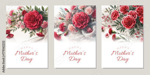 Background of a watercolor illustration of red carnation flowers in a vase displayed by a windowsill
