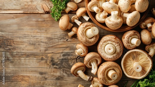 mushrooms on wooden table. nature background..