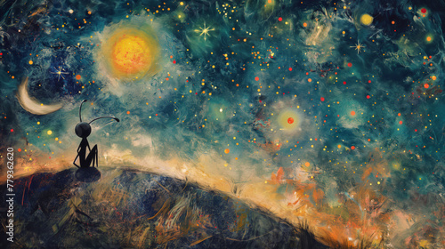 A painting of an ant looking up at a sky full of stars, the sun, and the moon.