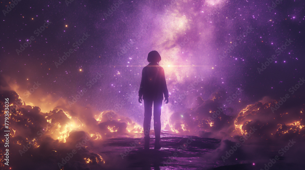 outine of a digital female human form against the backdrop of the milky way galaxy outine of a digital female human form against the backdrop of the milky way galaxy