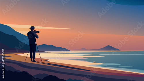 As the sun sets over the ocean the amateur photographer stands on a deserted beach using a long exposure to capture the motion of the crashing