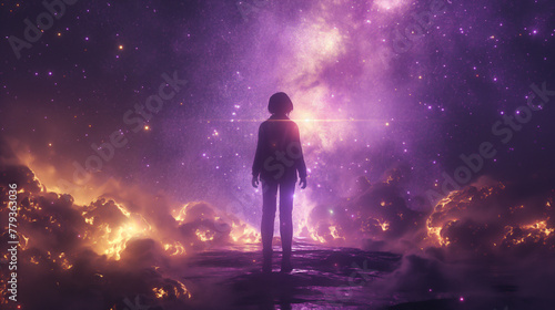 outine of a digital female human form against the backdrop of the milky way galaxy