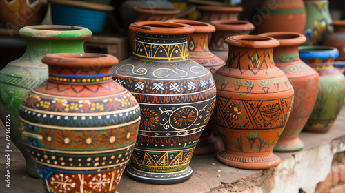 Traditional Terracotta Pots, pots adorned with intricate designs and vibrant colors © Graphic Master