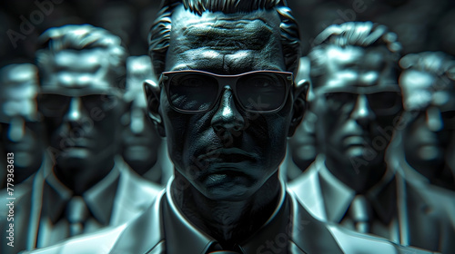 Stern Faced Executives Confronting Corporate Crimes and Insider Trading in a Hyper Cinematic Photomontage photo